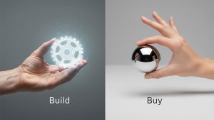 Visual comparison of building vs buying software features — a glowing gear in one hand for custom builds, and a polished sphere in the other hand for off-the-shelf solutions.