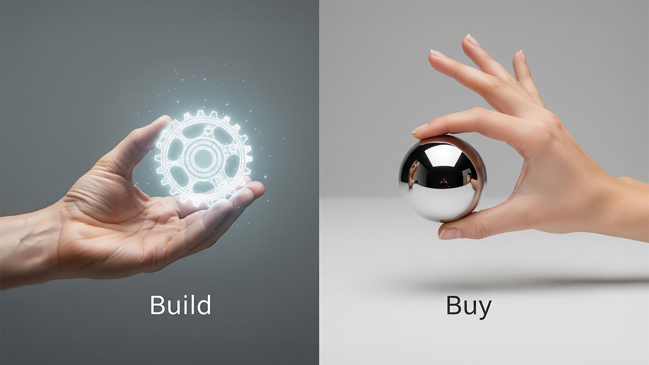 Visual comparison of building vs buying software features — a glowing gear in one hand for custom builds, and a polished sphere in the other hand for off-the-shelf solutions.